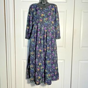 Vintage Putumayo 90s Dress Women M Black Floral Long Sleeve Boho Prairie Modest